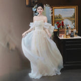 One-Word Shoulder Light Wedding Dress Half-Perspective New French Fairy Morning Robe Bride Married Yarn Tective Engagement Dress HZ0517