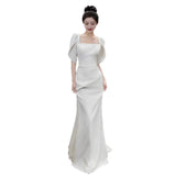 Fish-Tailed Linden Noodles Simple Korean Sen Super Fairy Engagement Dress White Square Collar Out Yarn Coated Arms HZ0517