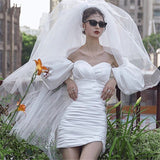 Photography Theme White Light Wedding Dress 2026 New Big Bubble Sleeves Bra Fashion Personality Travel Family Small Dress HZ0517