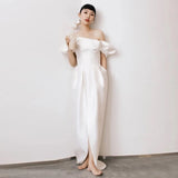 French-Style Seduced Light Wedding Dress Bride Greets A Word Shoulder White Engagement Dress Small Man Temperament Simple Out Of The Yarn HZ0517