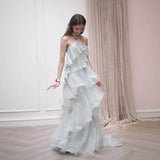 Holiday Wind Hanging Neck Dress Bride Married Out Yarn Toasting Female Famous Lady Qianjin Super Fairy Leaves Side Dress HZ0517